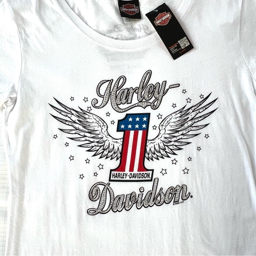 Harley Davidson Women's Winged Graphic Patriot Red White Jewel Biker Tee SZ L - Picture 5 of 14